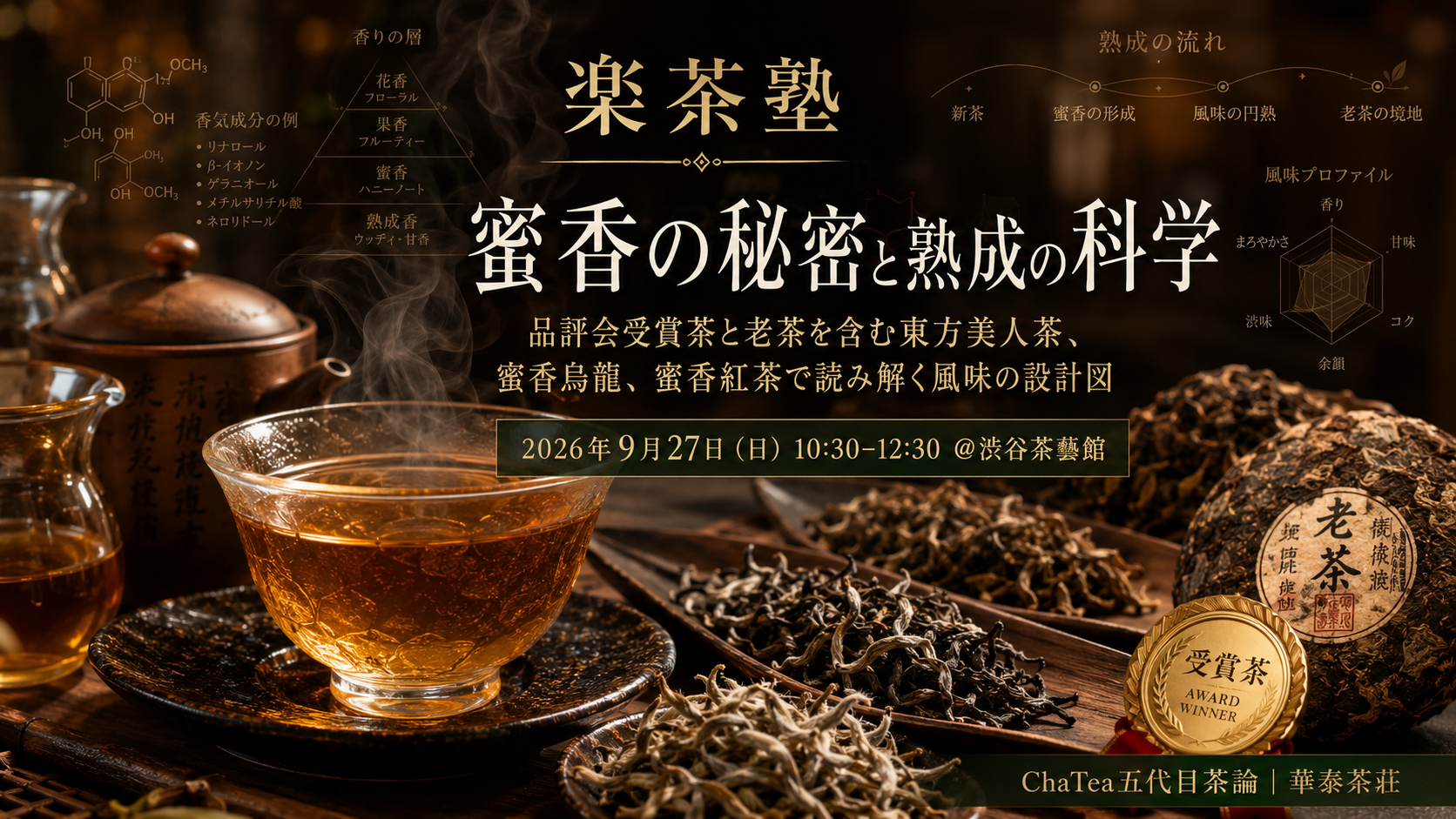 9月27日楽茶塾【蜜香の秘密と熟成の科学】 ――品評会受賞茶と老茶を含む東方美人茶、蜜香烏龍、蜜香紅茶で読み解く風味の設計図