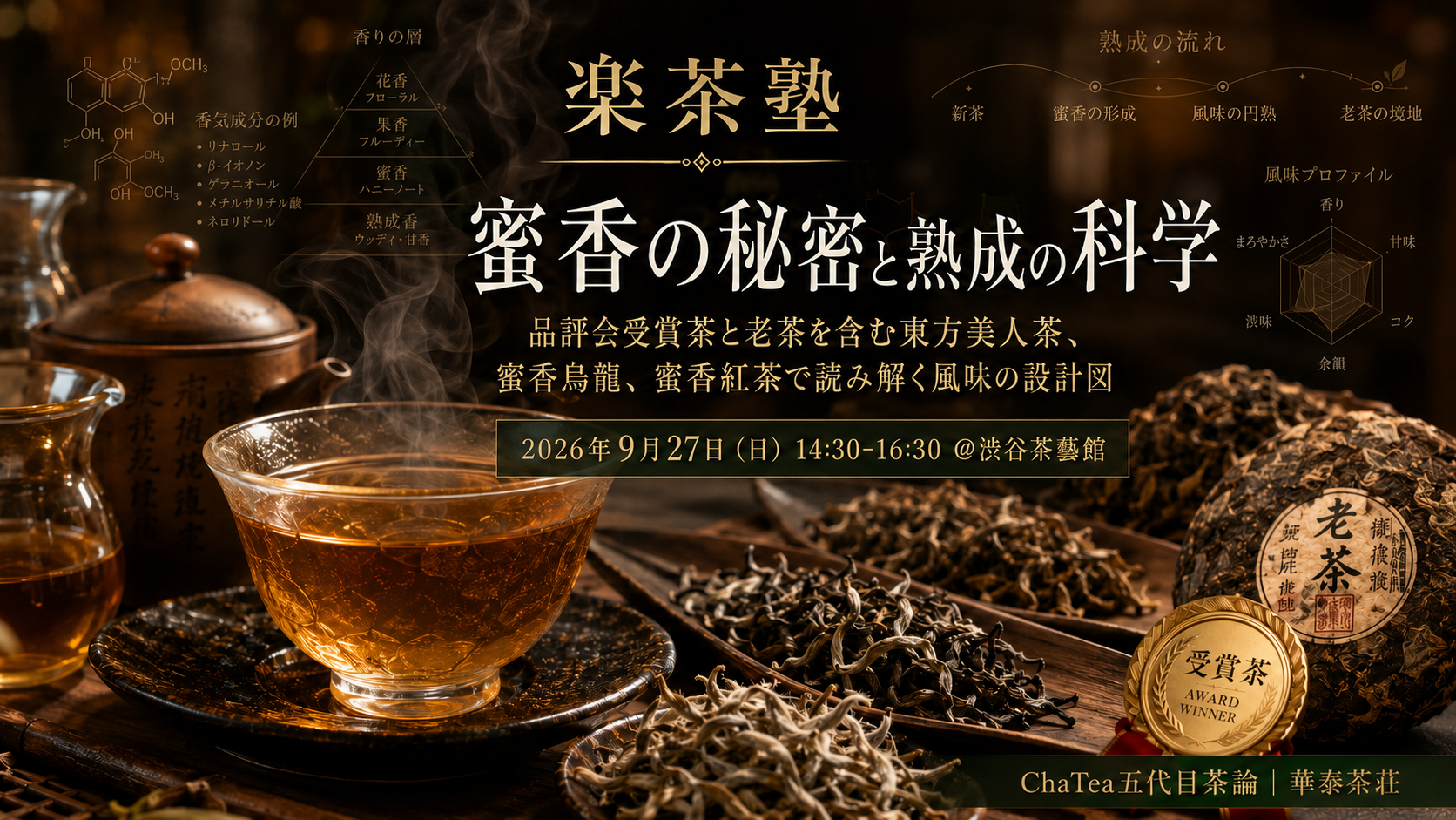 追加開催決定!9月27日午後楽茶塾【蜜香の秘密と熟成の科学】 ――品評会受賞茶と老茶を含む東方美人茶、蜜香烏龍、蜜香紅茶で読み解く風味の設計図