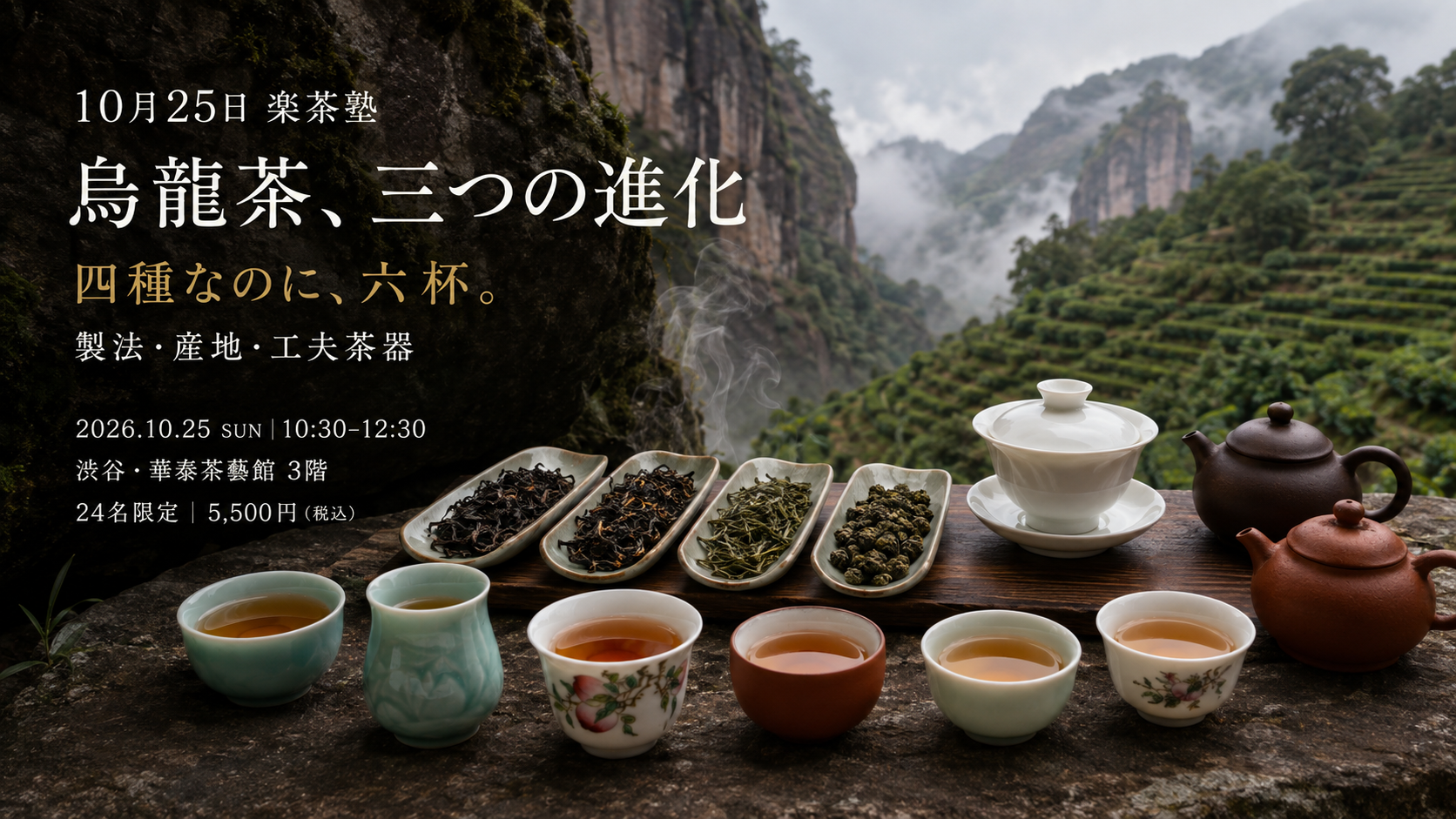 10月25日楽茶塾【烏龍茶、三つの進化 〜製法・産地・工夫茶器で読み解く】ーー 四種の受賞茶・秘蔵茶を、六杯で。